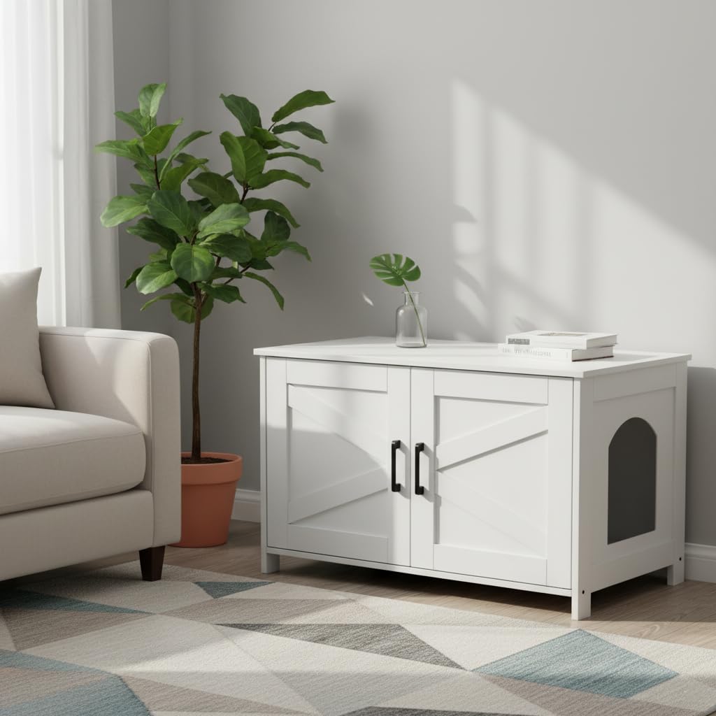 Homhedy cat litter box enclosure in living room demonstrates tidy pet space integration