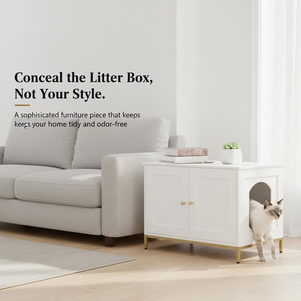 Homhedy cat litter box enclosure side profile shows modern metal frame, versatile decor.
