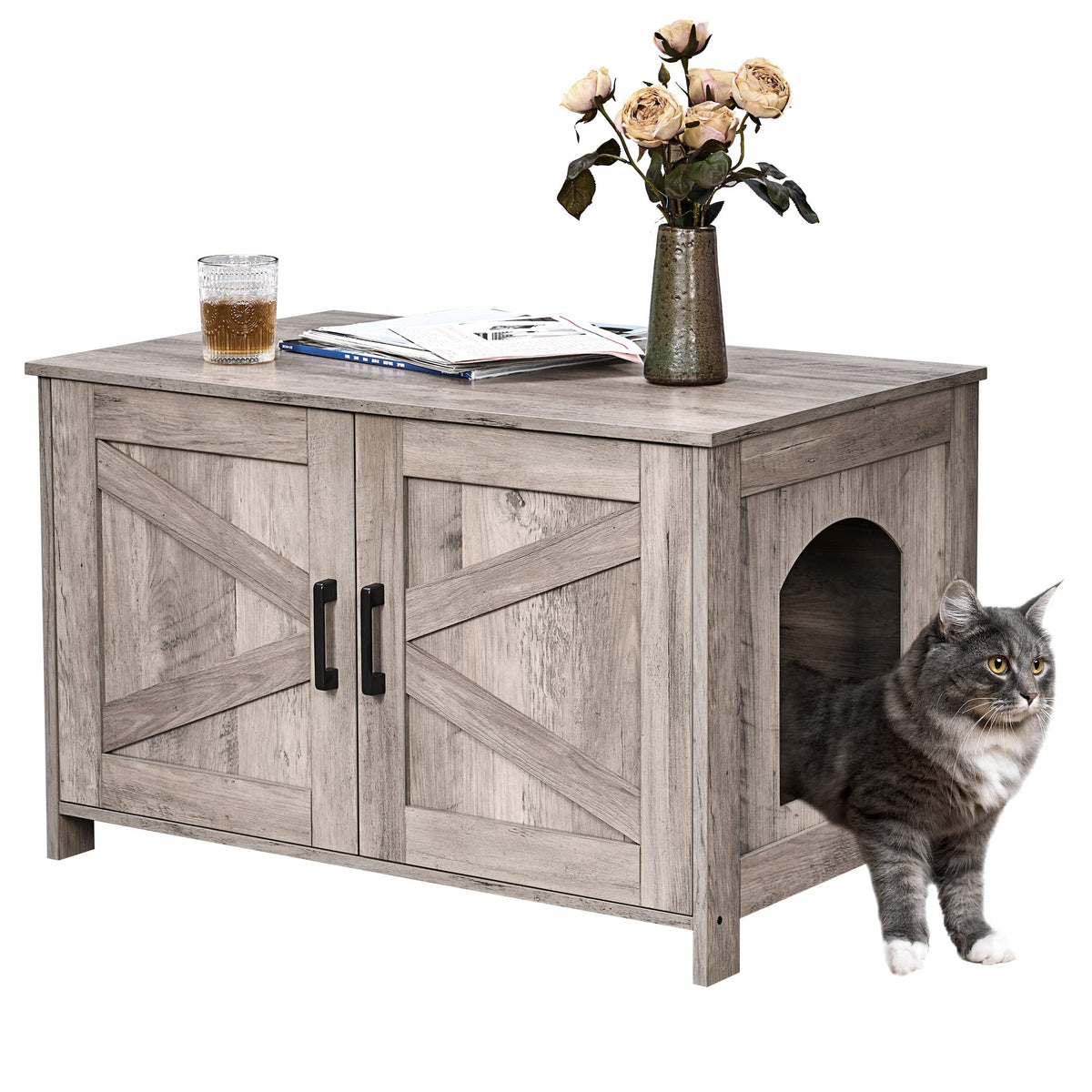 Homhedy cat litter box enclosure with wood barn door in greige finish