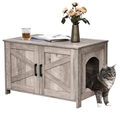 Homhedy cat litter box enclosure with wood barn door in greige finish