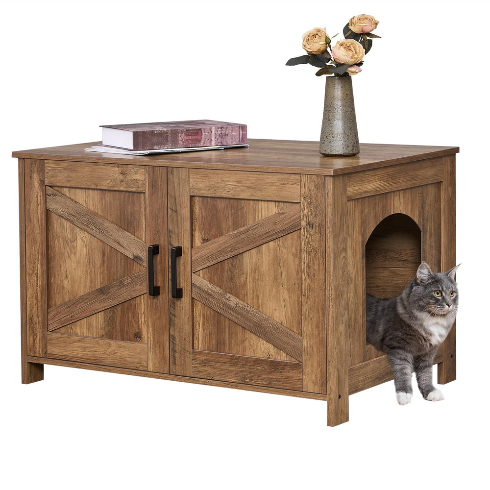 Homhedy cat litter box enclosure showcases rustic walnut design for discreet pet space integration