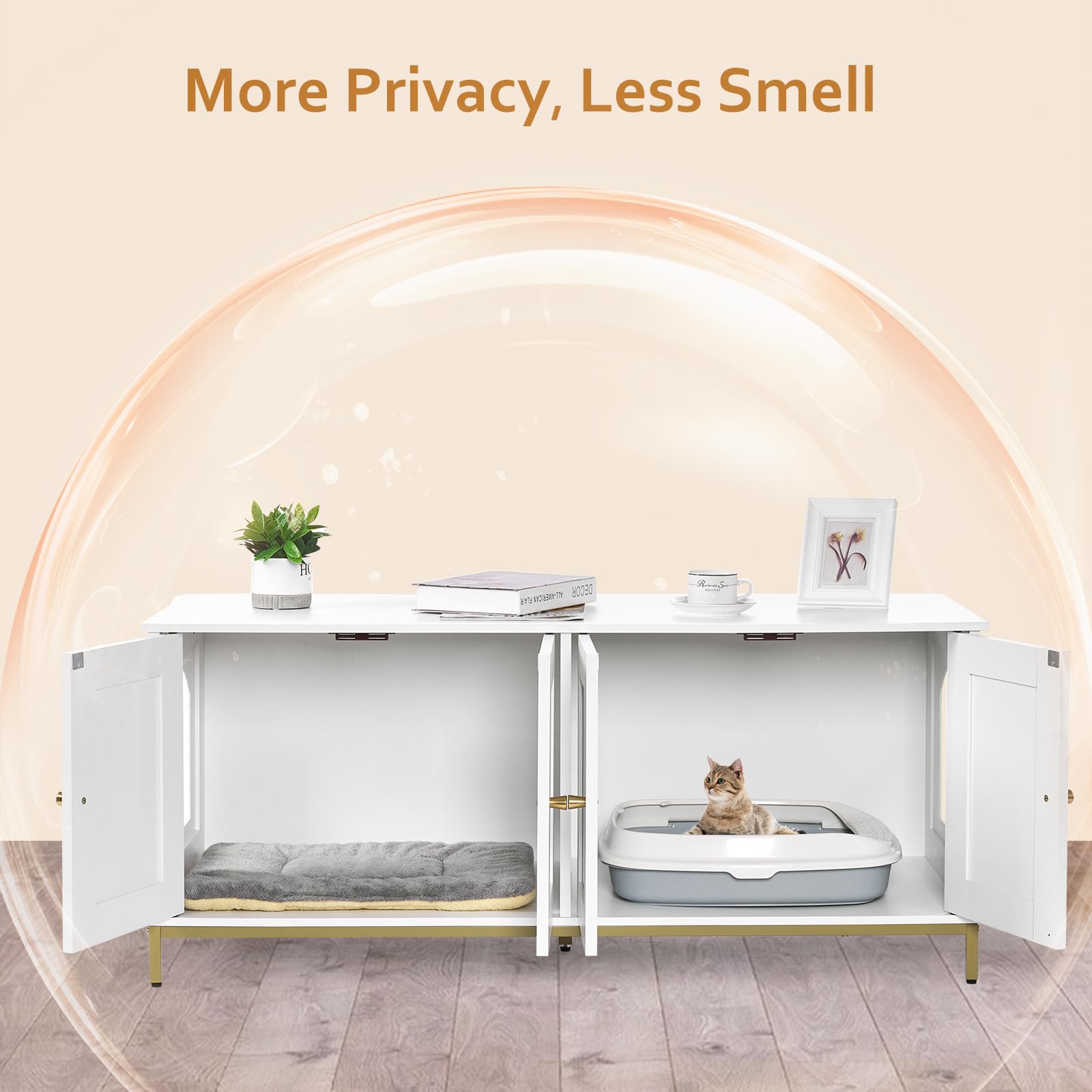 Homhedy litter enclosure metal frame provides sturdy support with a luxe gold accent.