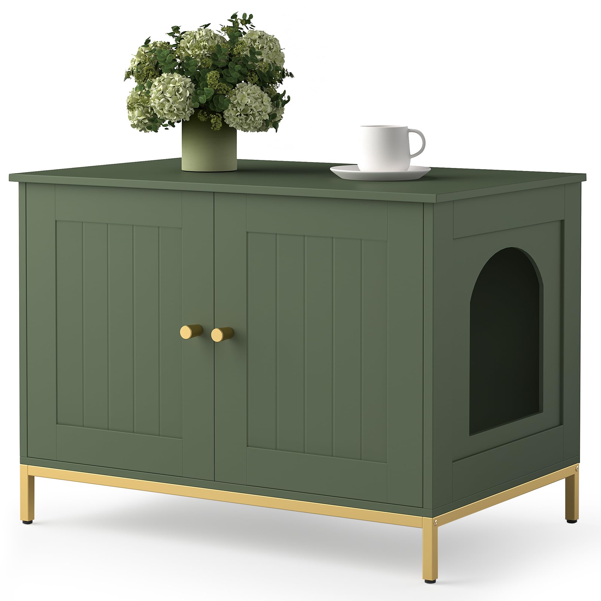 Homhedy front view of the green and gold cat enclosure offering stylish privacy for the litter box.