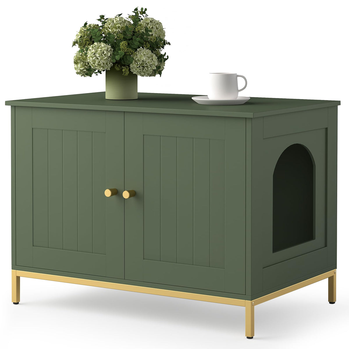 Homhedy front view of the green and gold cat enclosure offering stylish privacy for the litter box.