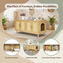 Homhedy natural wood pet house highlights boho style with rattan-decorated doors.