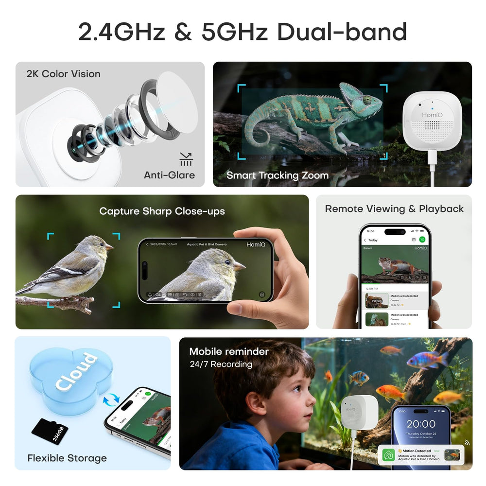 HomiQ Reptile AI motion with two-way audio for remote reassurance and pet comfort.