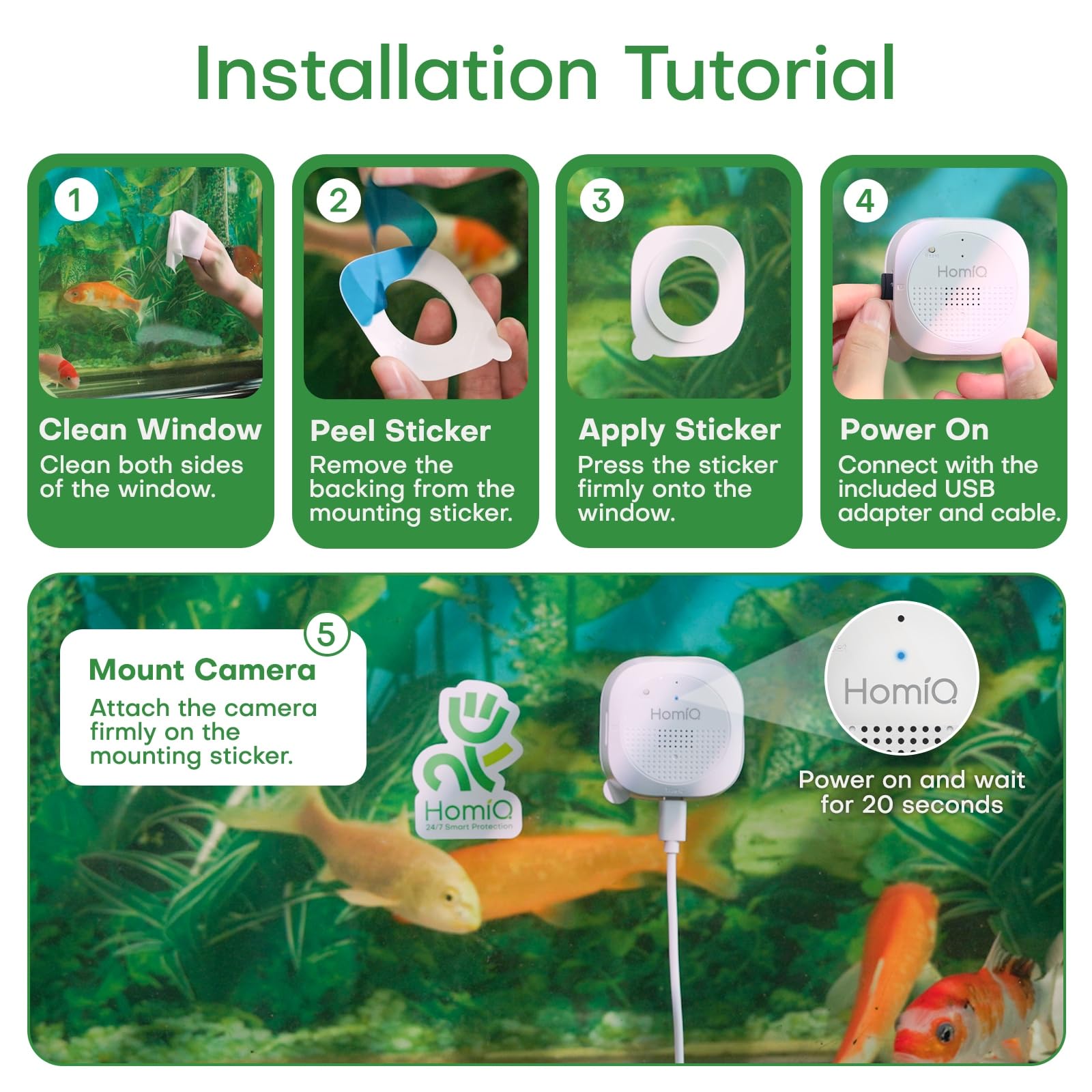 HomiQ magnetic installation attaches securely to glass with no tools.