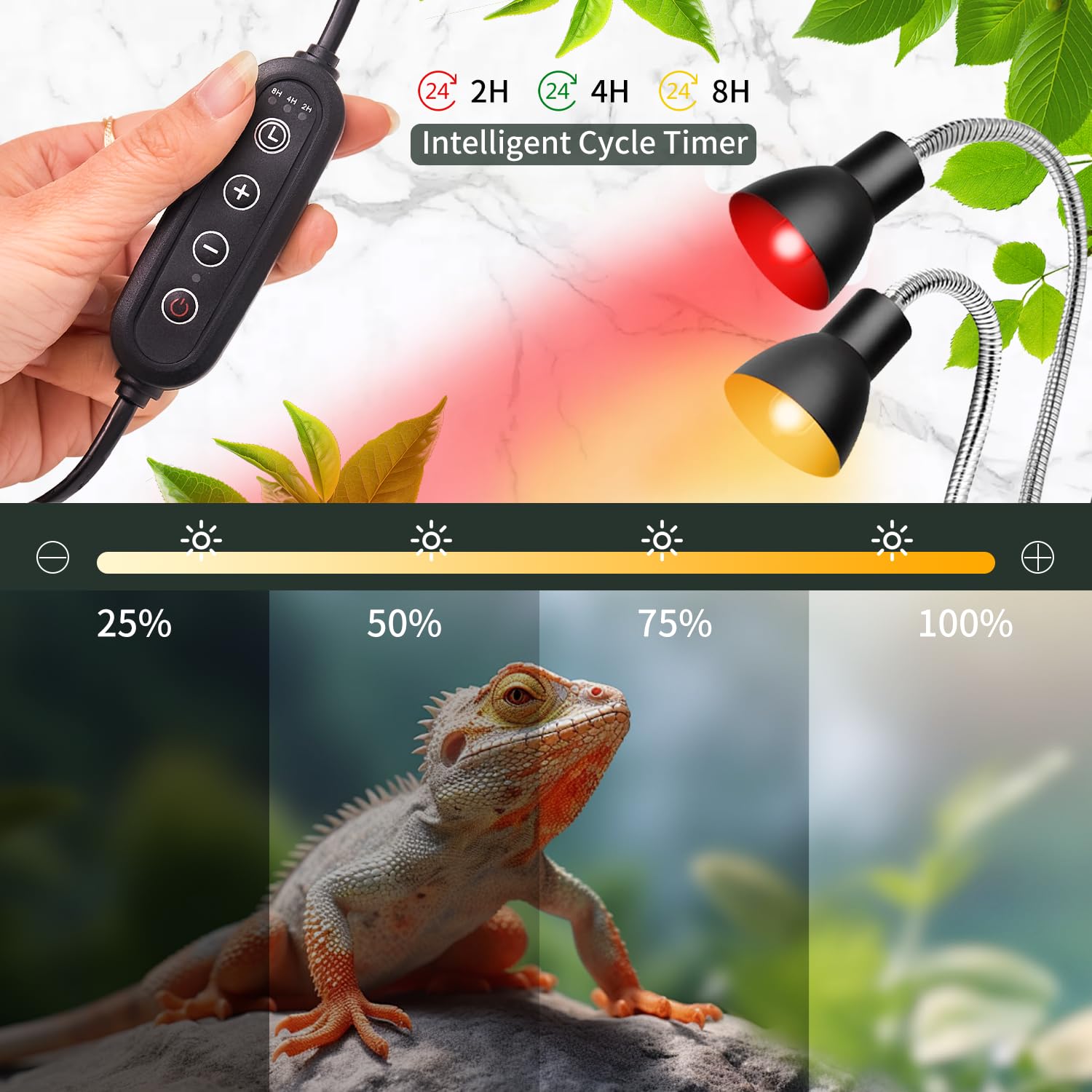 Homnebila reptile heat lamp g9 bulbs highlight four bulb heat and glow options for versatile basking.