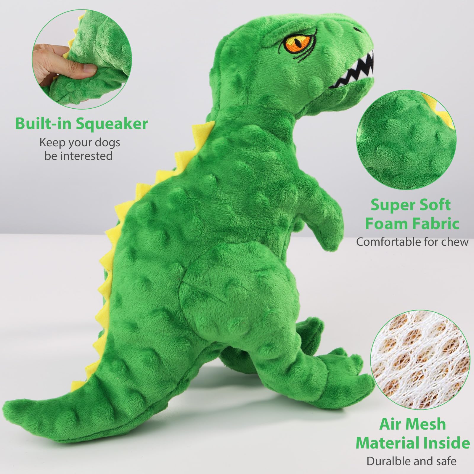Homounter dinosaur plush toy for fetch and tug, encouraging interactive bonding.