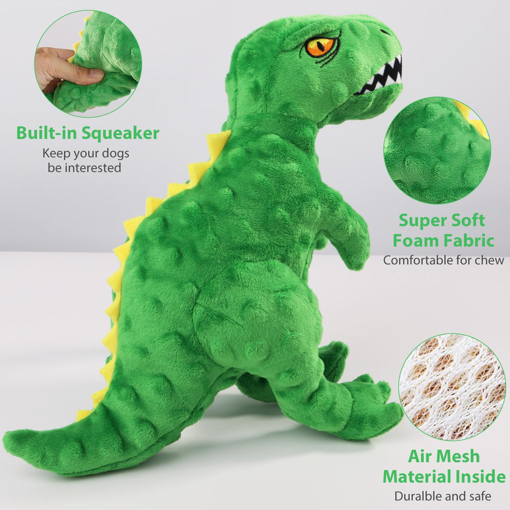 Homounter dinosaur plush toy for fetch and tug, encouraging interactive bonding.
