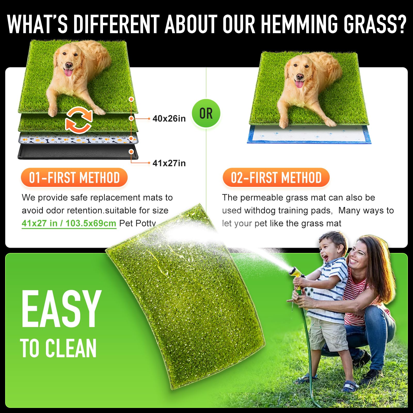 Hompet dog grass mat with hemmed edges prevents tearing during playful sessions.