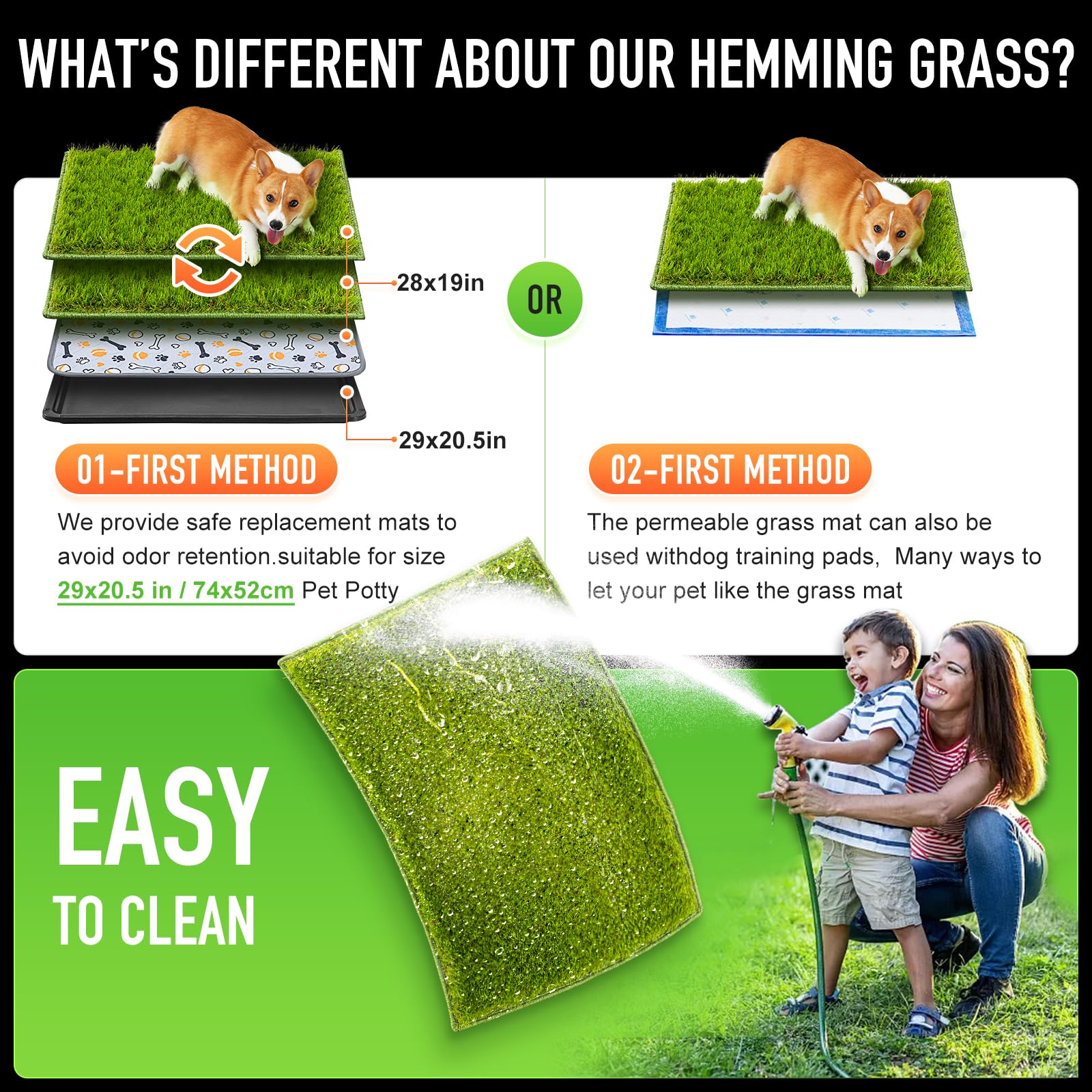 Hompet dog grass pad drainage holes highlight quick liquid drainage for clean paws.