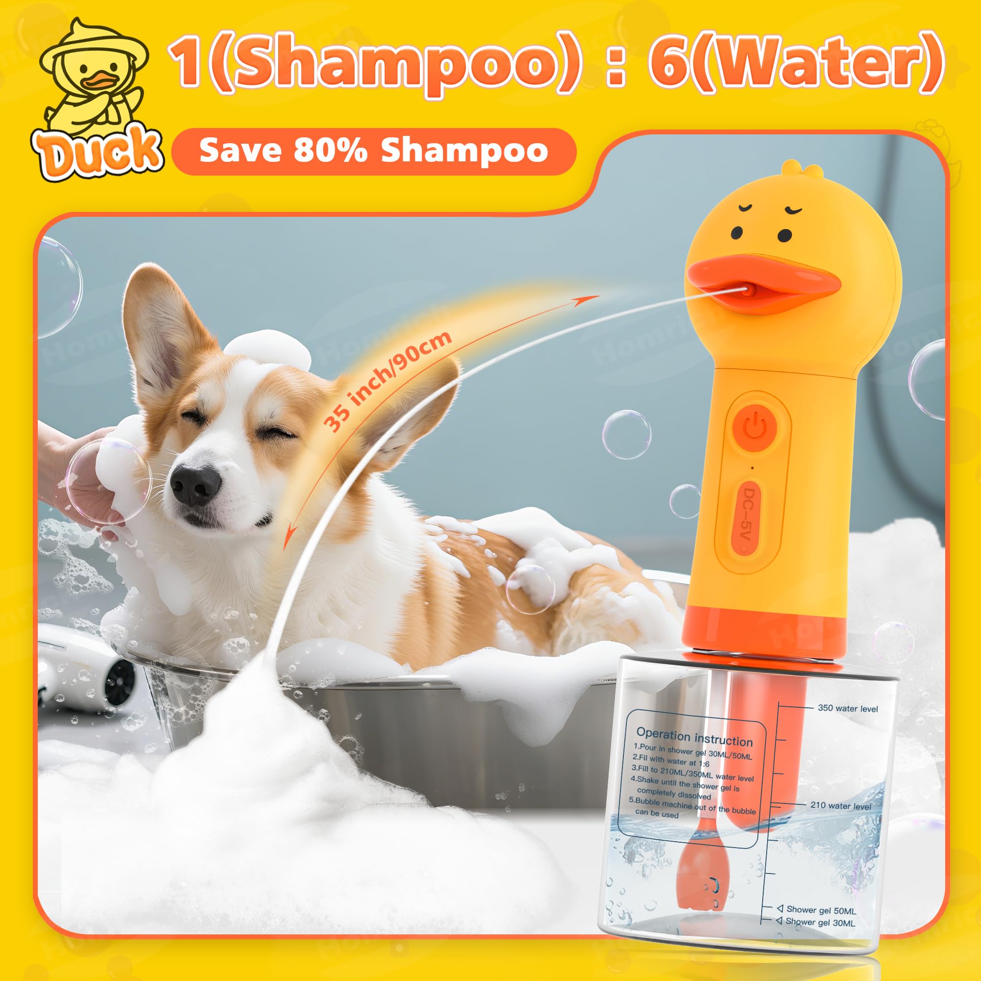 Homrich foam sprayer in action showing easy one-button operation during pet bath.