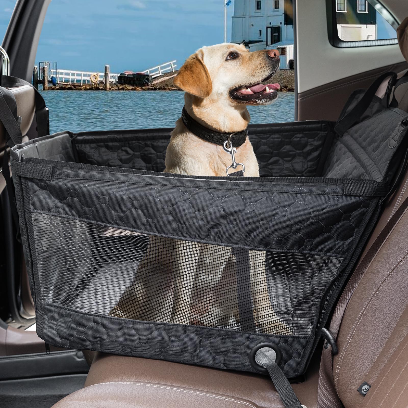 Homsunyi dog car seat large back seat cover protects upholstery while keeping pets secure.