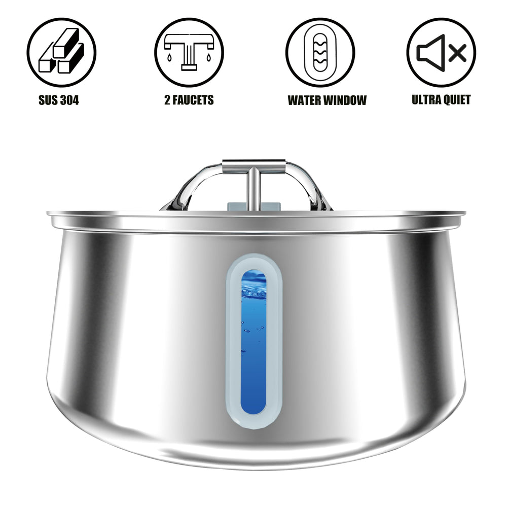 Homtyler stainless steel cat water fountain top view showing compact design