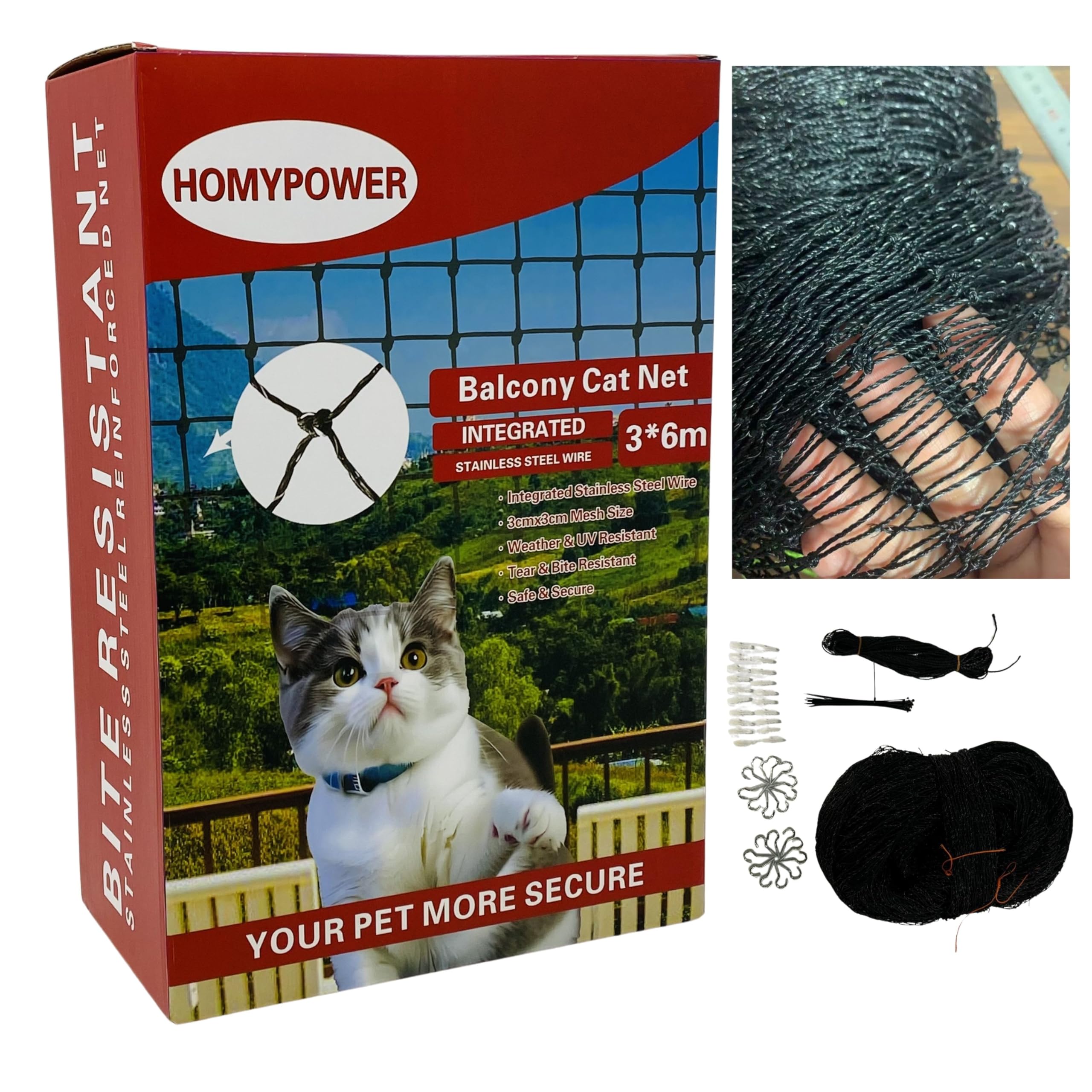 HOMYPOWER Cat Netting Balcony Setup showing secure cat enclosure outdoors