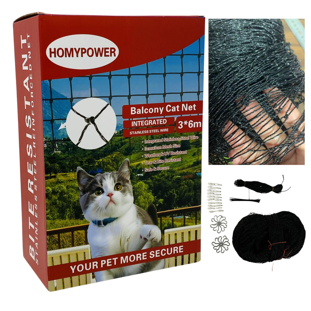HOMYPOWER Cat Netting Balcony Setup showing secure cat enclosure outdoors