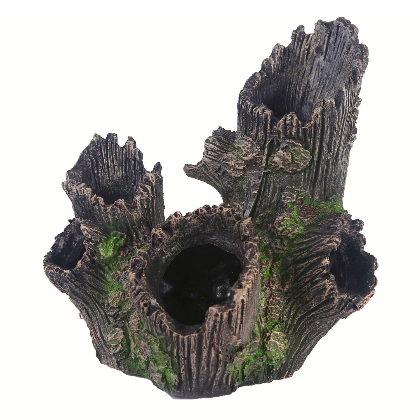 HoneTeek resin hollow tree trunk in aquarium decor, natural hideout for small fish.