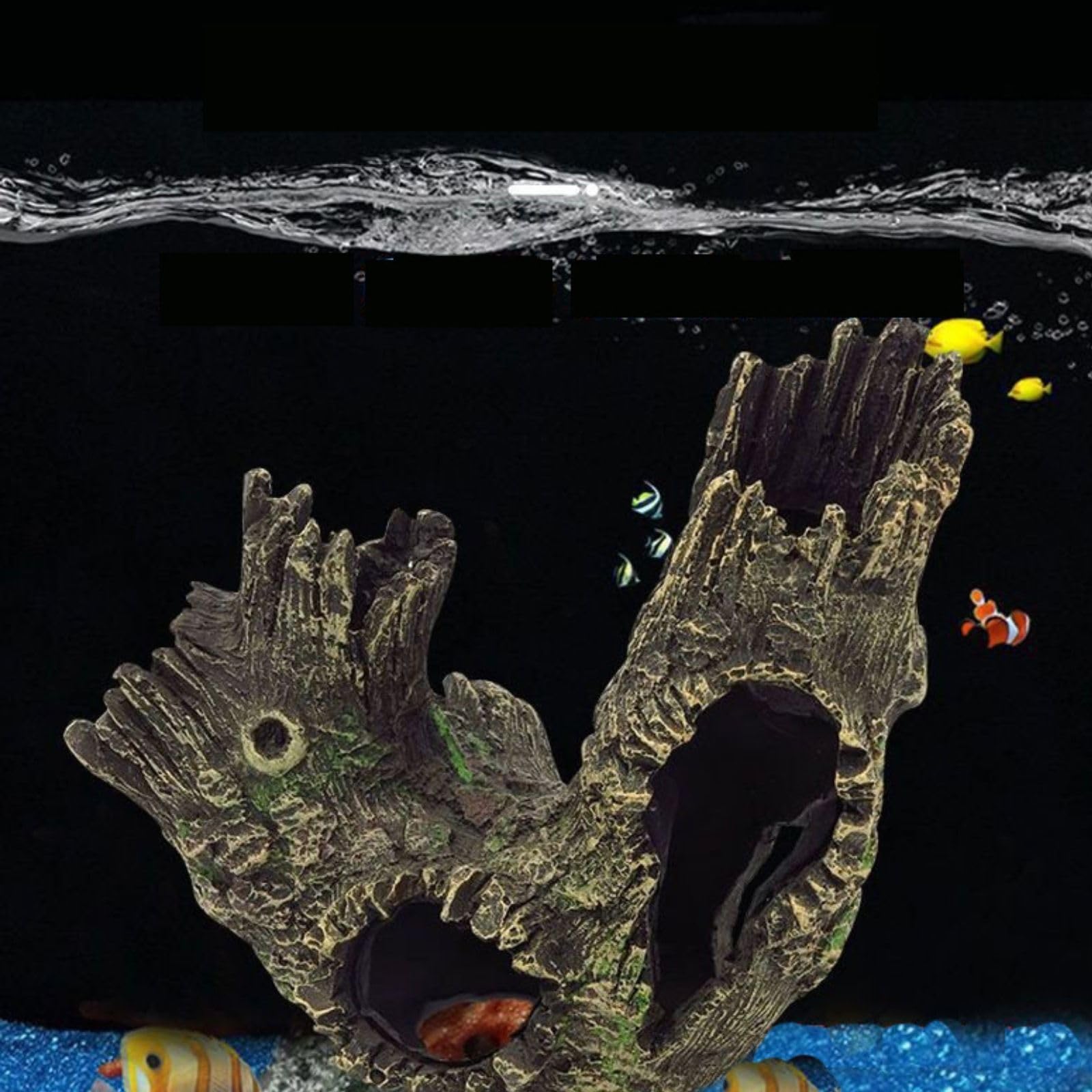 HoneTeek resin hollow tree trunk inside tank creates natural shelter.
