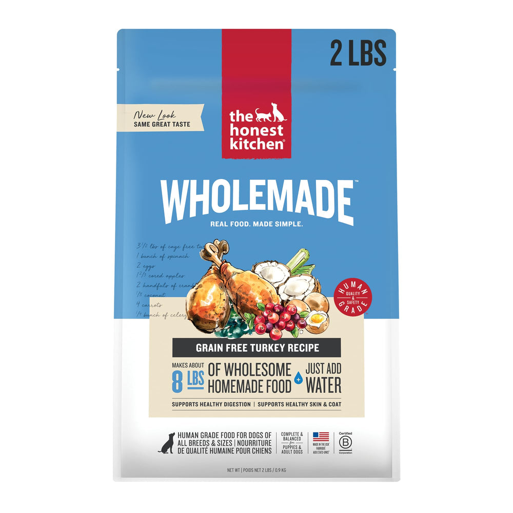 The Honest Kitchen WholeMade dehydrated turkey dog food bag—convenient complete meals for dogs.