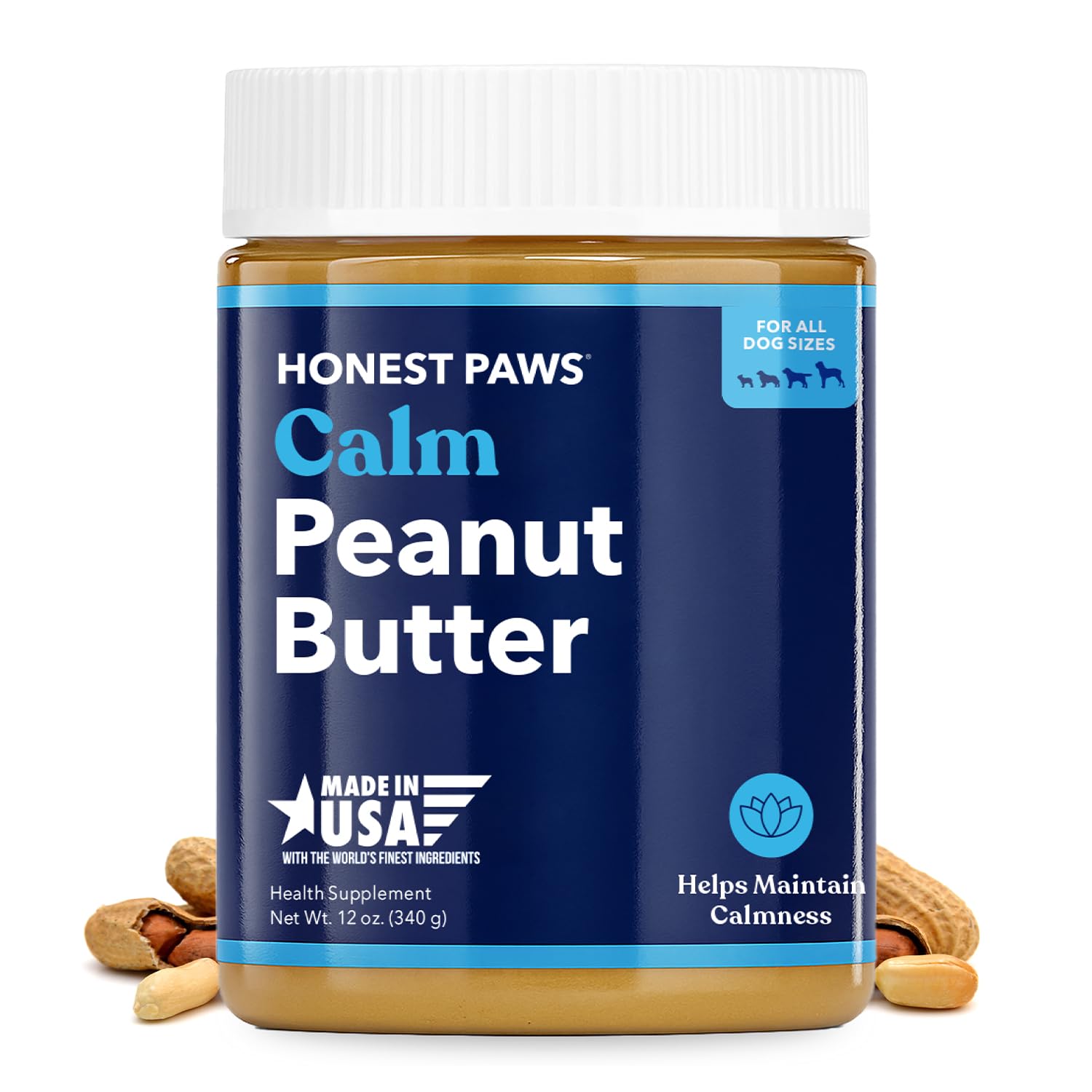 Honest Paws calming peanut butter 12 oz packaging with scoop ready for home use.