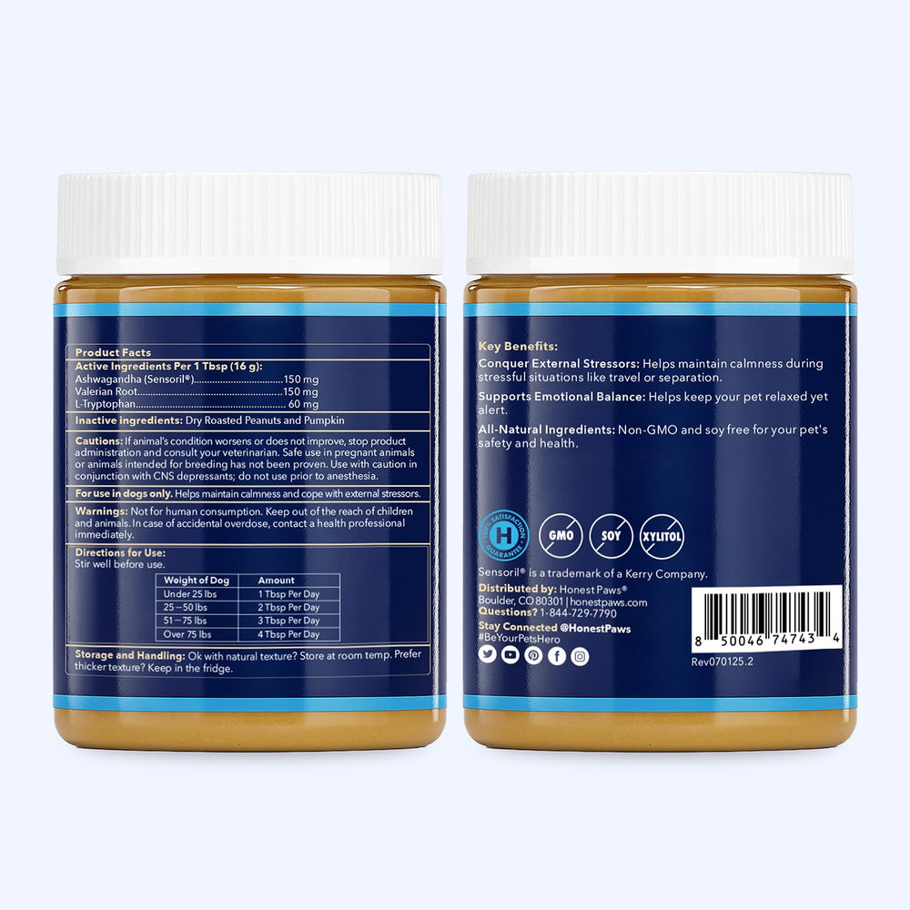 Honest Paws calming peanut butter used during travel shows on-the-go calm.