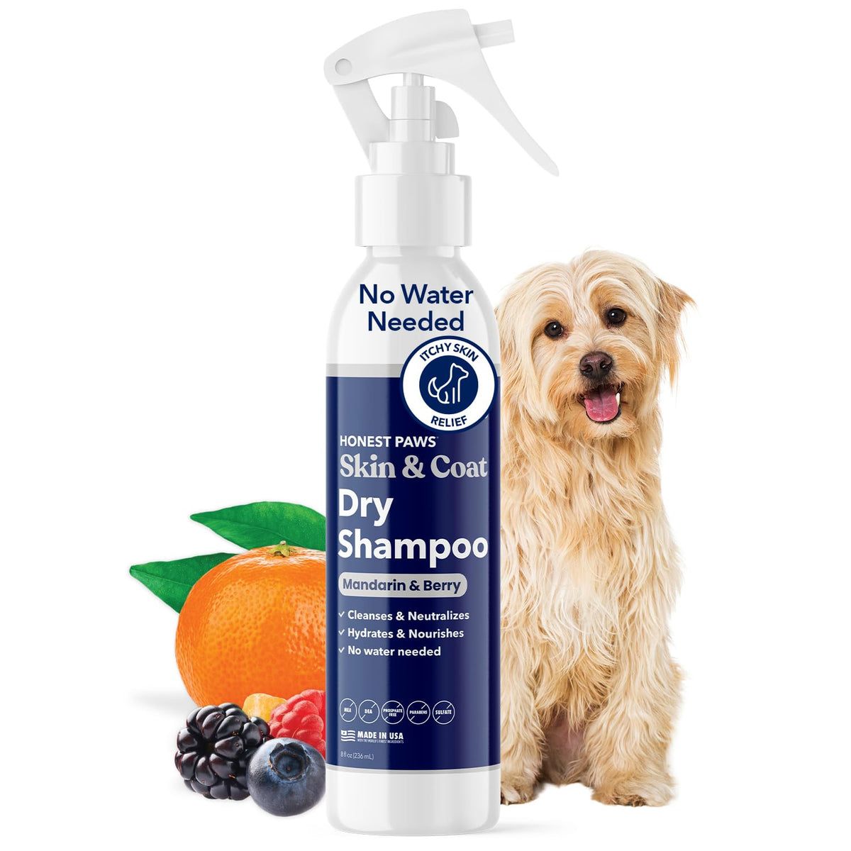 Honest Paws dog dry shampoo bottle pour for quick waterless cleaning between baths