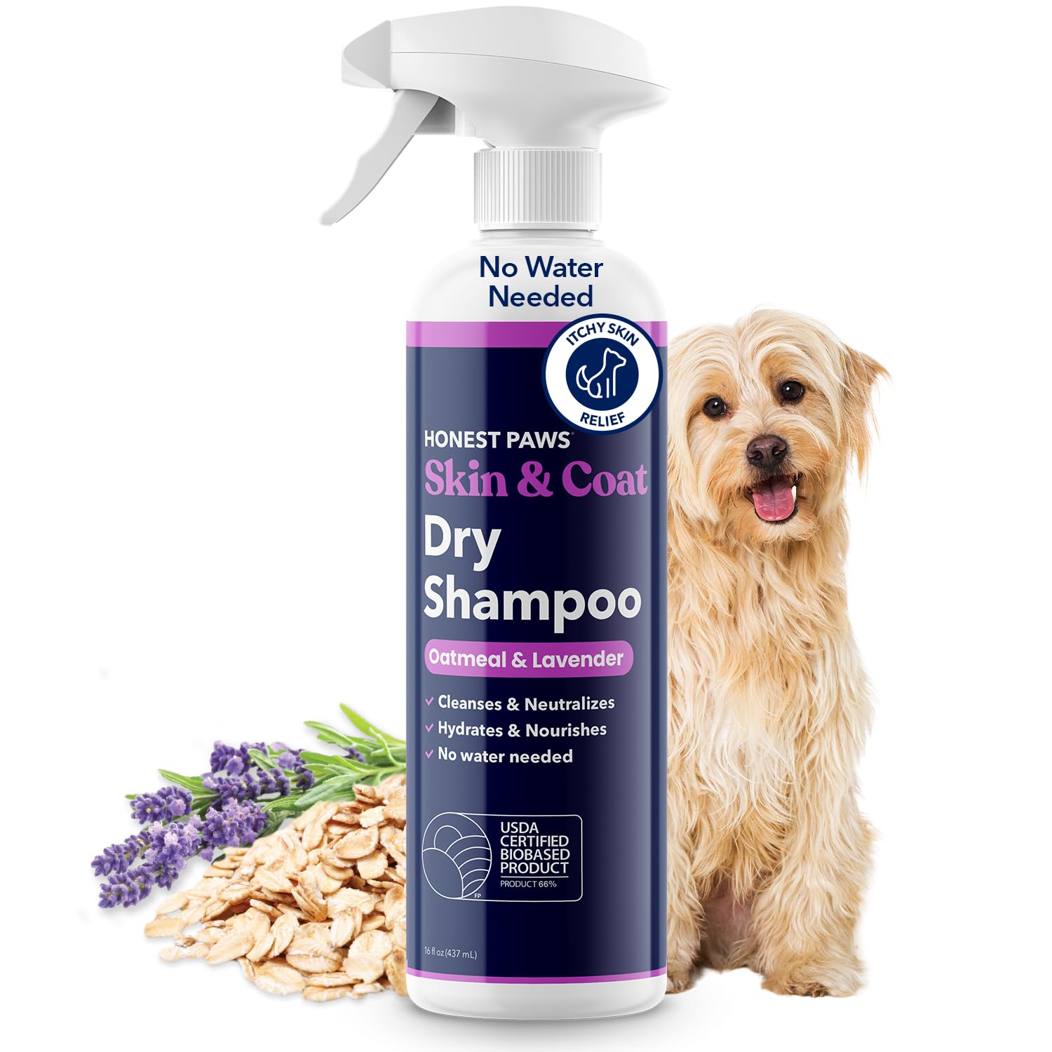 Honest Paws dog dry shampoo bottle shows oatmeal lavender scent for quick refresh