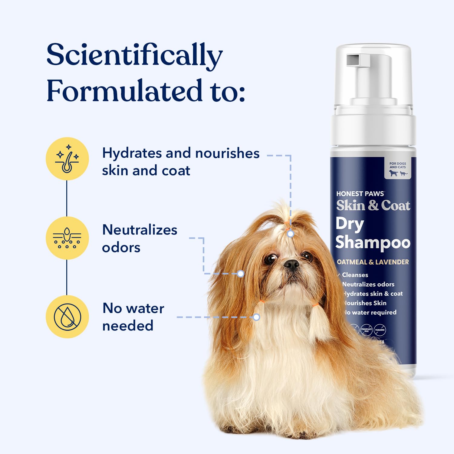 Honest Paws dry shampoo foaming lather coats for shiny, clean appearance.