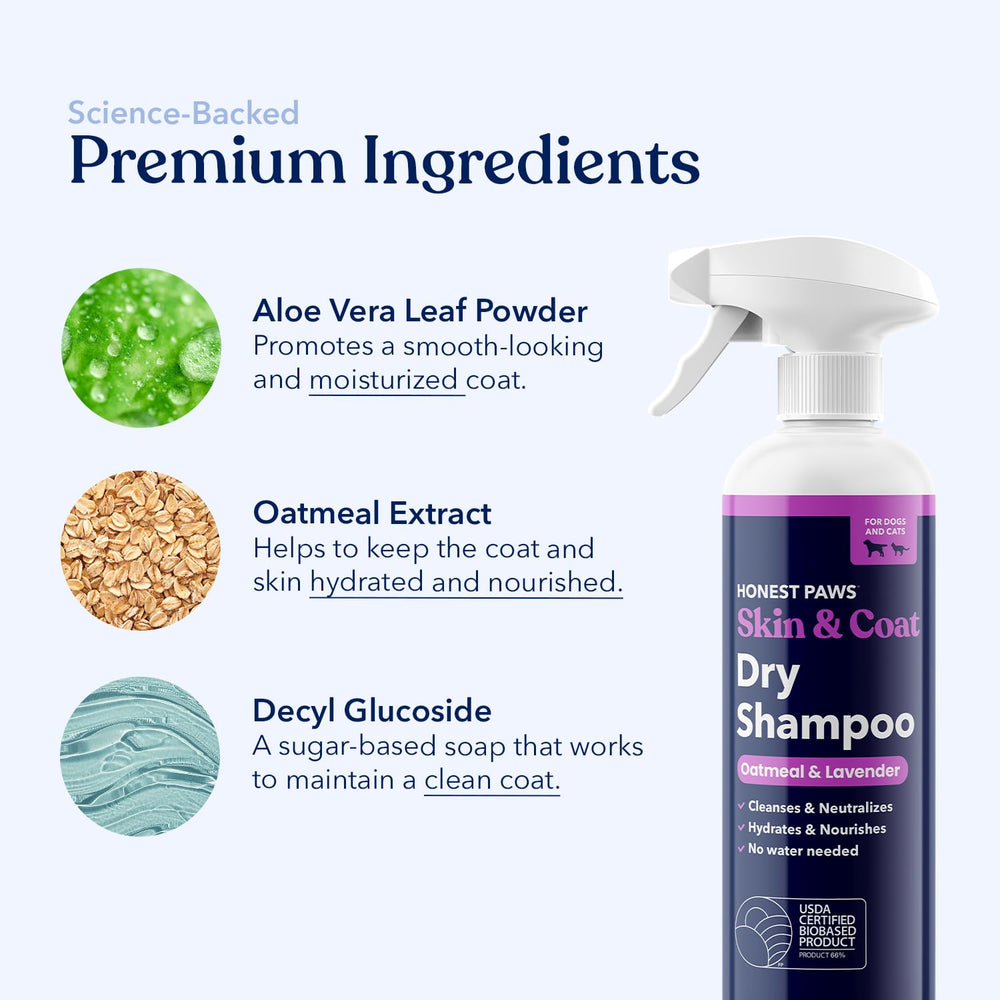 Honest Paws dog dry shampoo label closeup with ingredients note