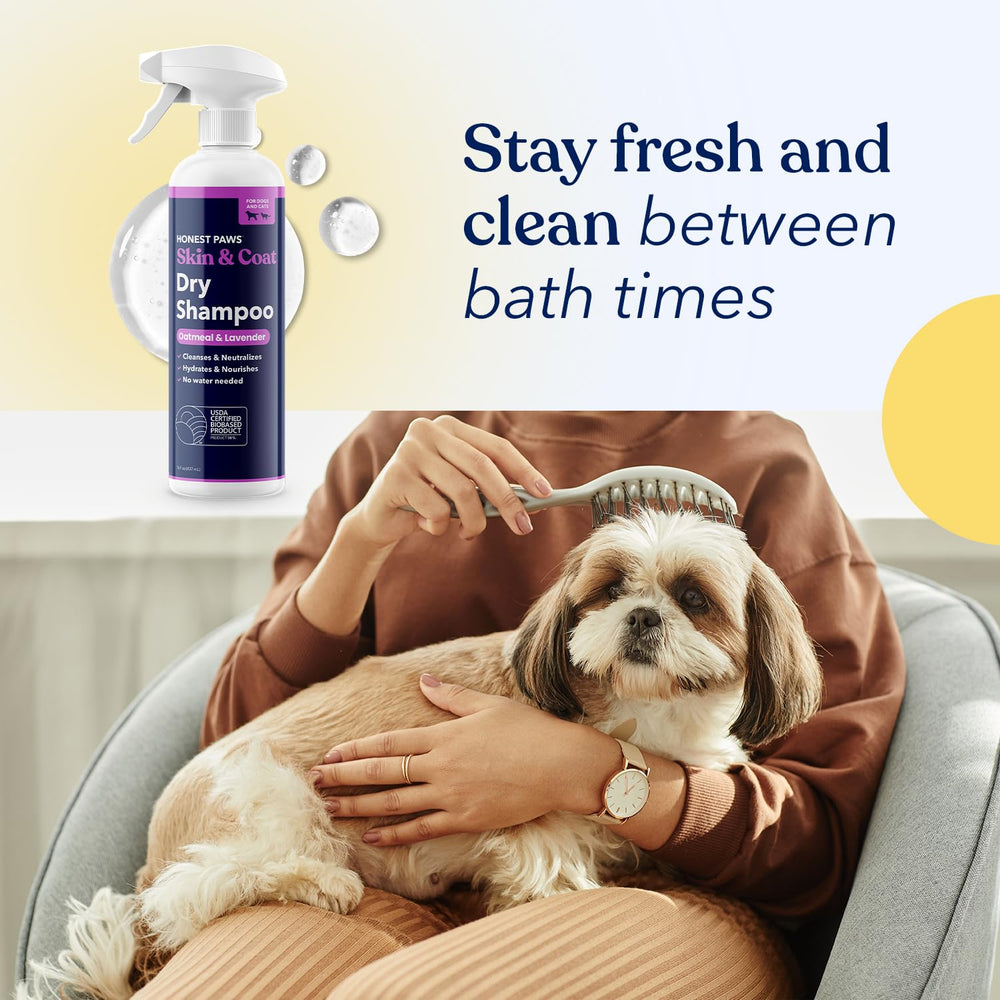 Honest Paws dog dry shampoo bottle with USA-made claim on label