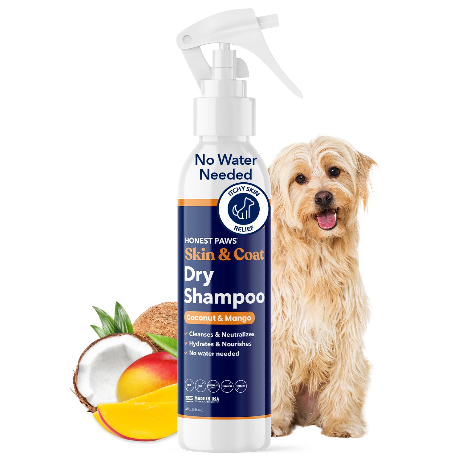 Honest Paws dog dry shampoo bottle with pump for quick waterless cleansing