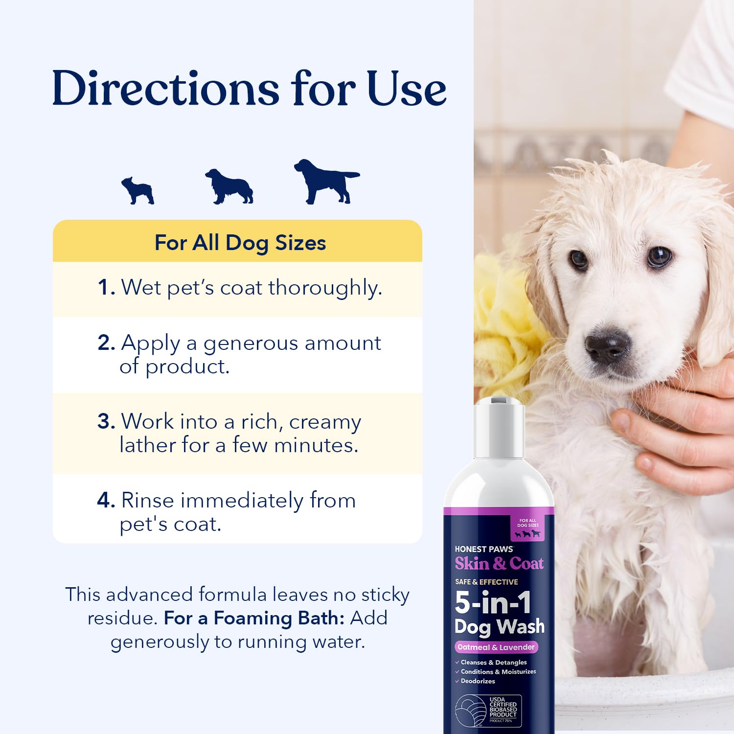 Honest Paws dog shampoo rinse image with water drops for easy rinse