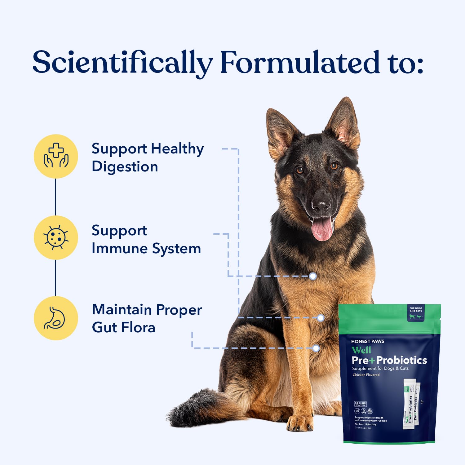 Honest Paws Probiotics chicken-flavor powder boosts palatability while supporting gut balance.