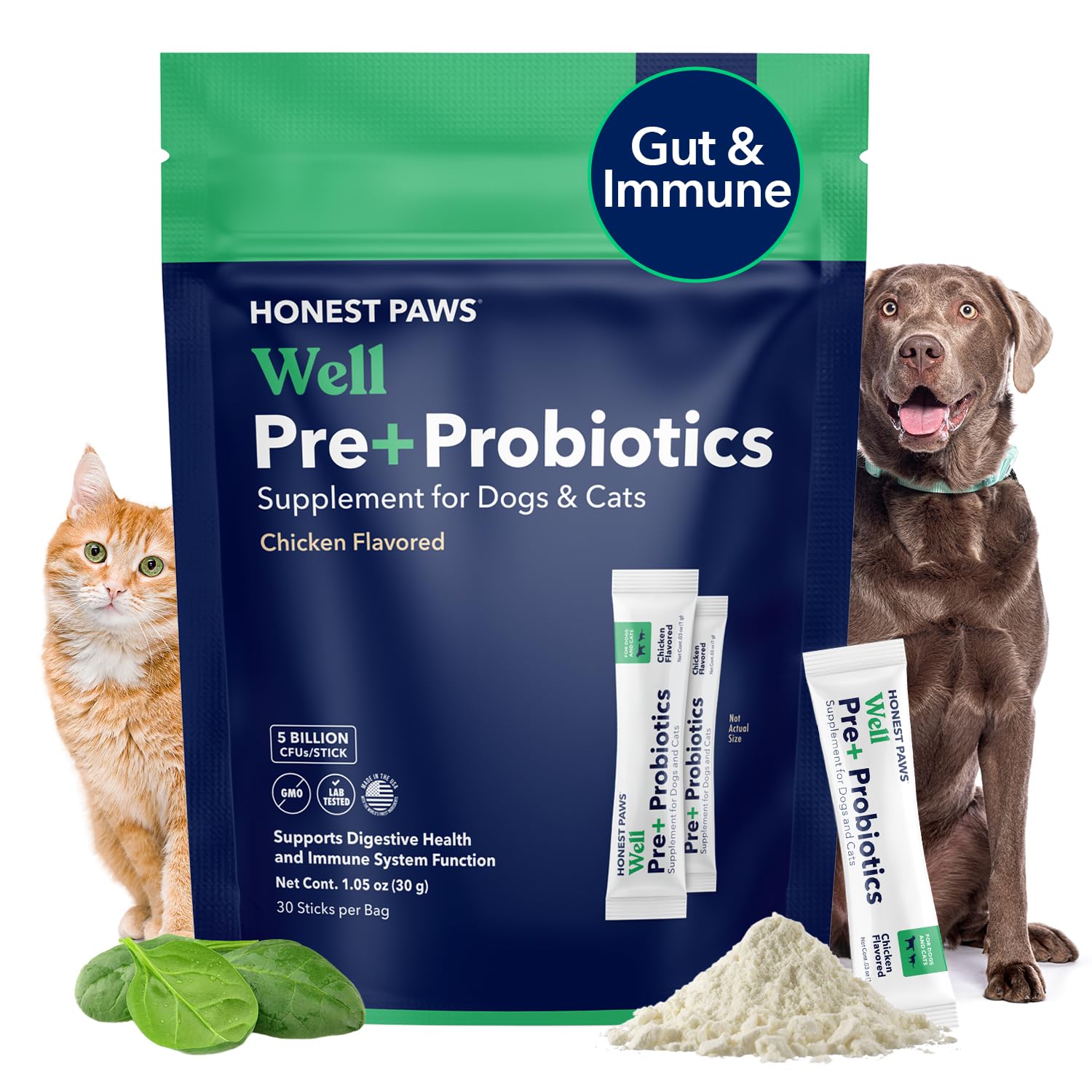 Honest Paws Probiotics for Dogs tub label highlights USA-made formula for digestive support.