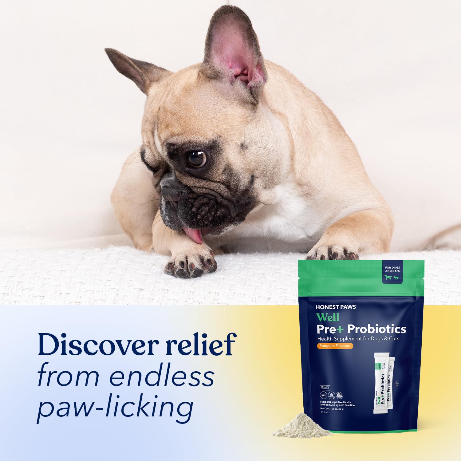 Honest Paws USA-made label confirms quality and origin of the probiotic powder.