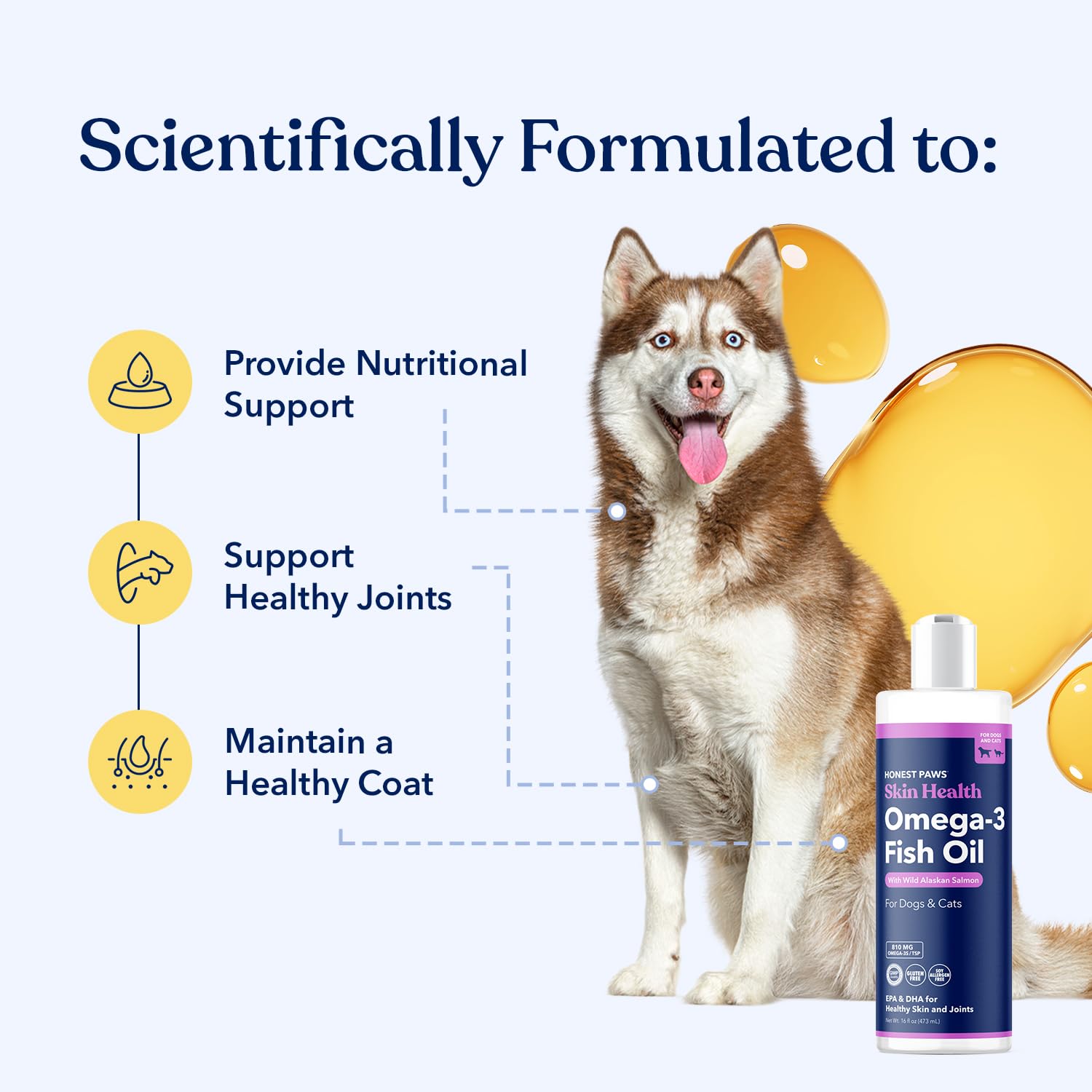 Honest Paws Salmon Oil bottle label emphasizes sustainably sourced wild Alaskan salmon