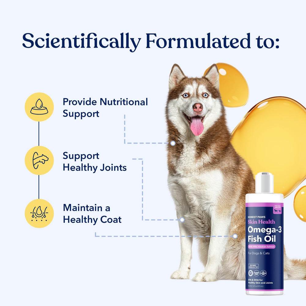 Honest Paws Salmon Oil bottle label emphasizes sustainably sourced wild Alaskan salmon