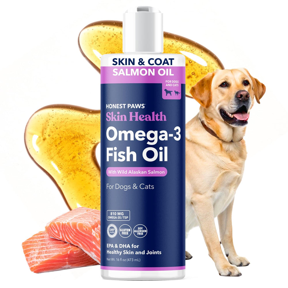 Honest Paws Salmon Oil bottle pour highlights omega-3 blend for pets