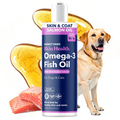 Honest Paws Salmon Oil bottle pour highlights omega-3 blend for pets