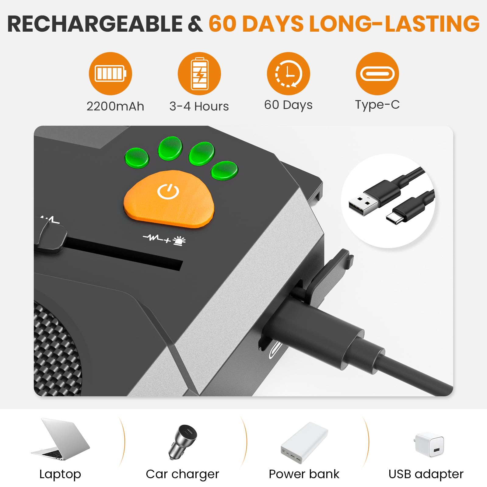 Honey Paws Type-C charging image highlights easy power and extended operation.