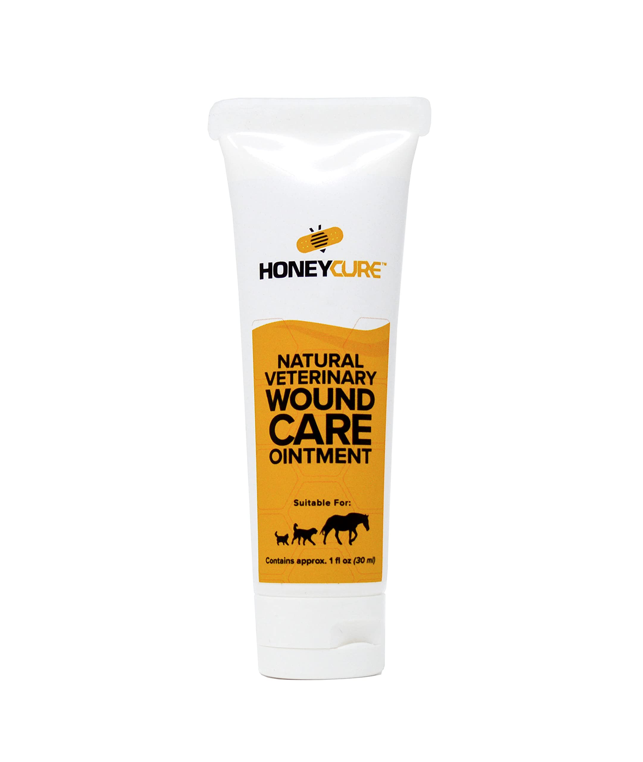 HoneyCure Manuka honey UMF15 jar shown as natural wound-care ingredient.