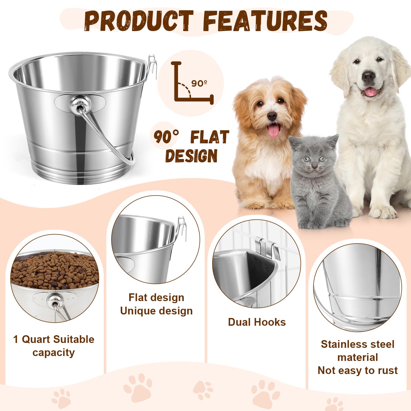Honeydak flat-sided pail dual-hooks back view demonstrates rust-resistant stainless steel.