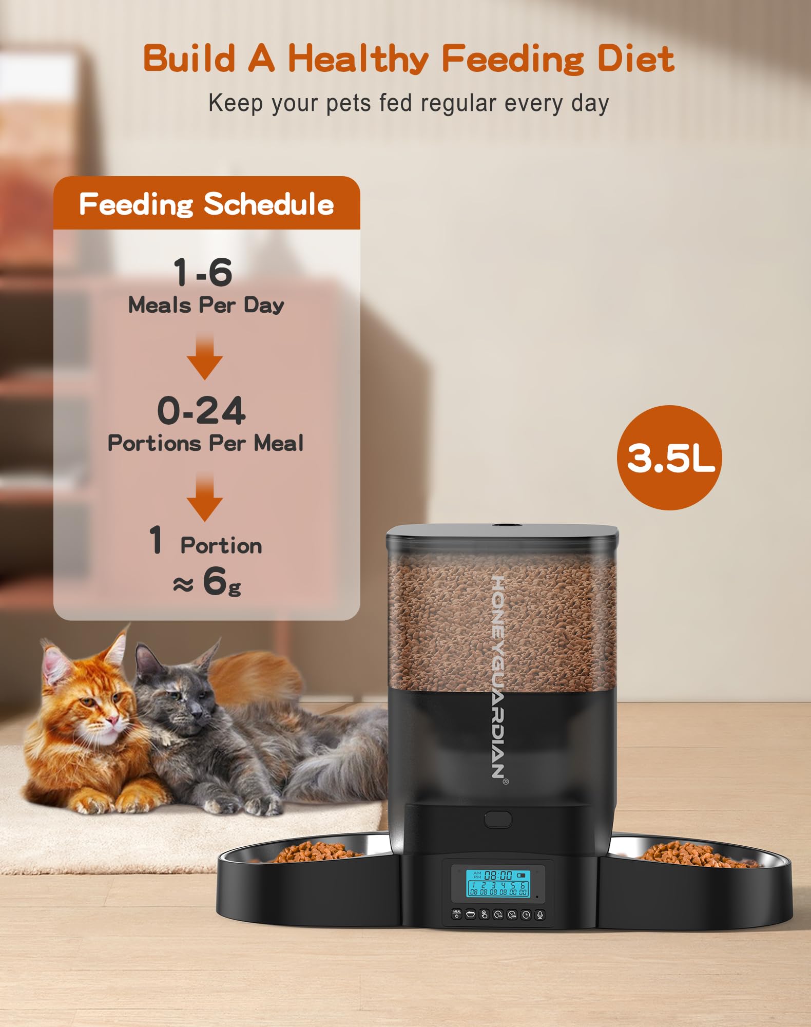 HoneyGuaridan 3-5L feeder capacity for multiple daily portions for two cats.