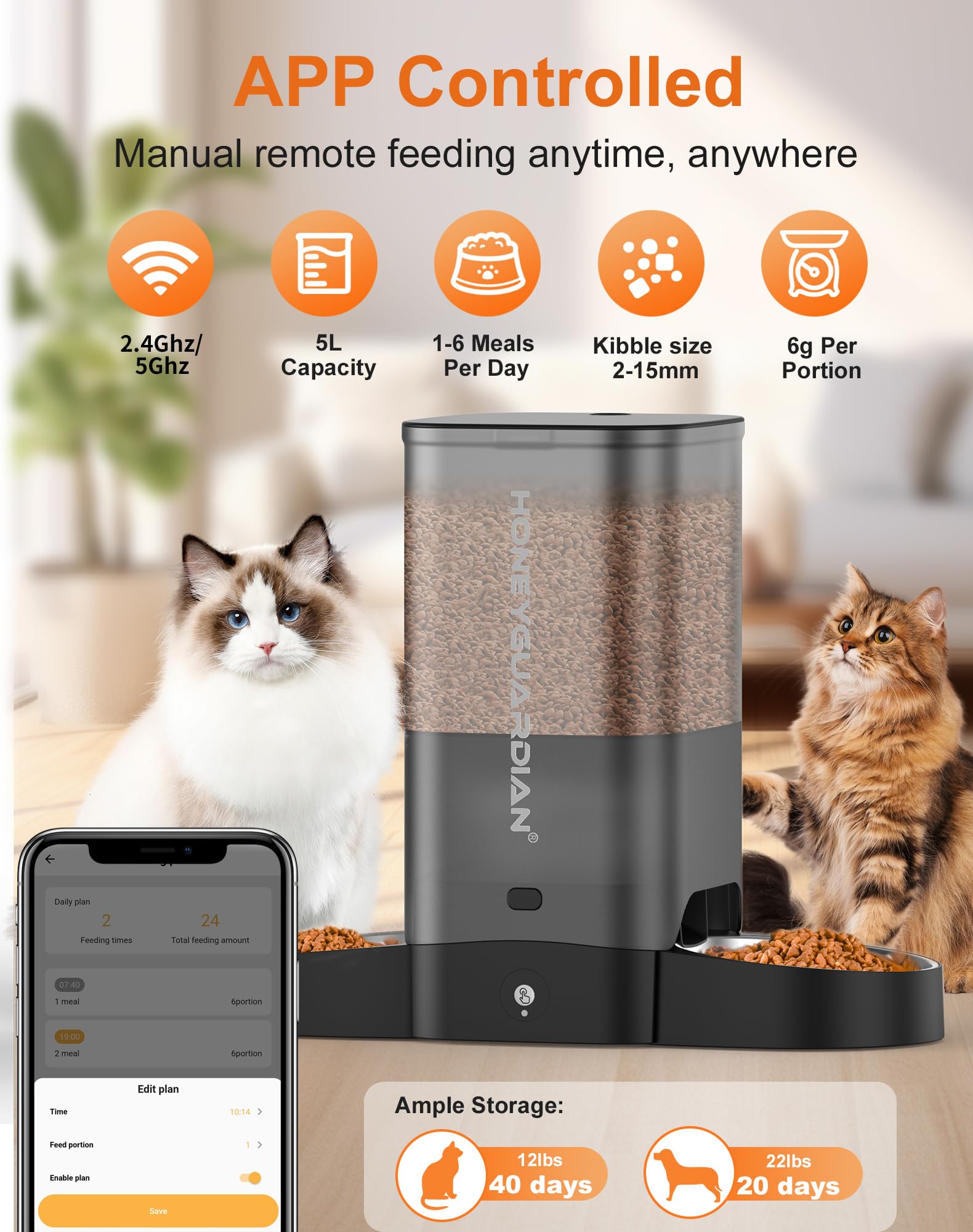 HoneyGuaridan automatic feeder dispensing chambers ensuring equal portions for two pets.