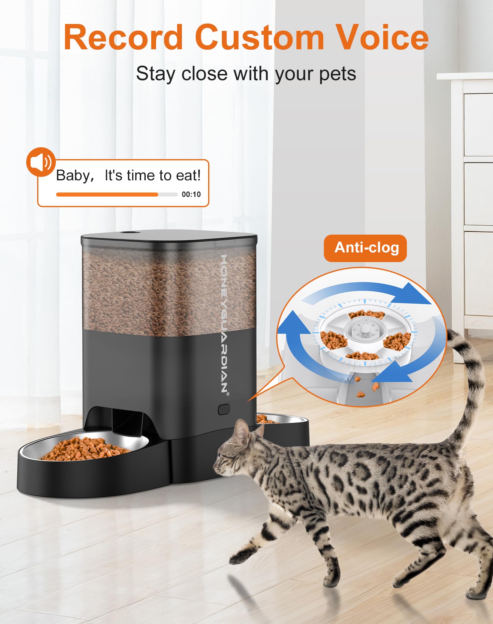 HoneyGuaridan dual-power setup illustrates adapter and battery option for uninterrupted meals