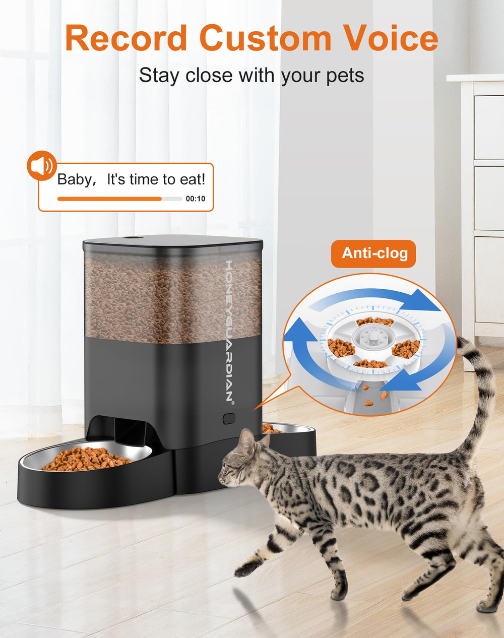 HoneyGuaridan dual-power setup illustrates adapter and battery option for uninterrupted meals