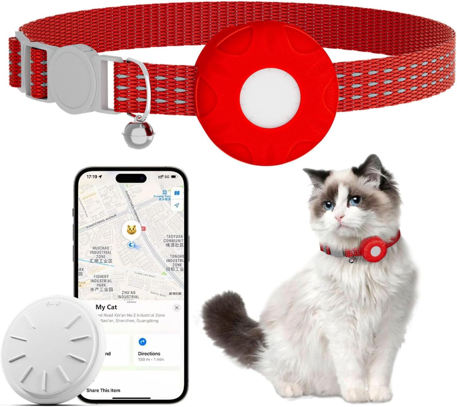 Hongtop H cat tracker on red collar helps locate your cat with Find My app.