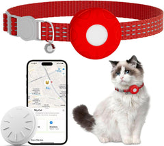 Hongtop H cat tracker on red collar helps locate your cat with Find My app.