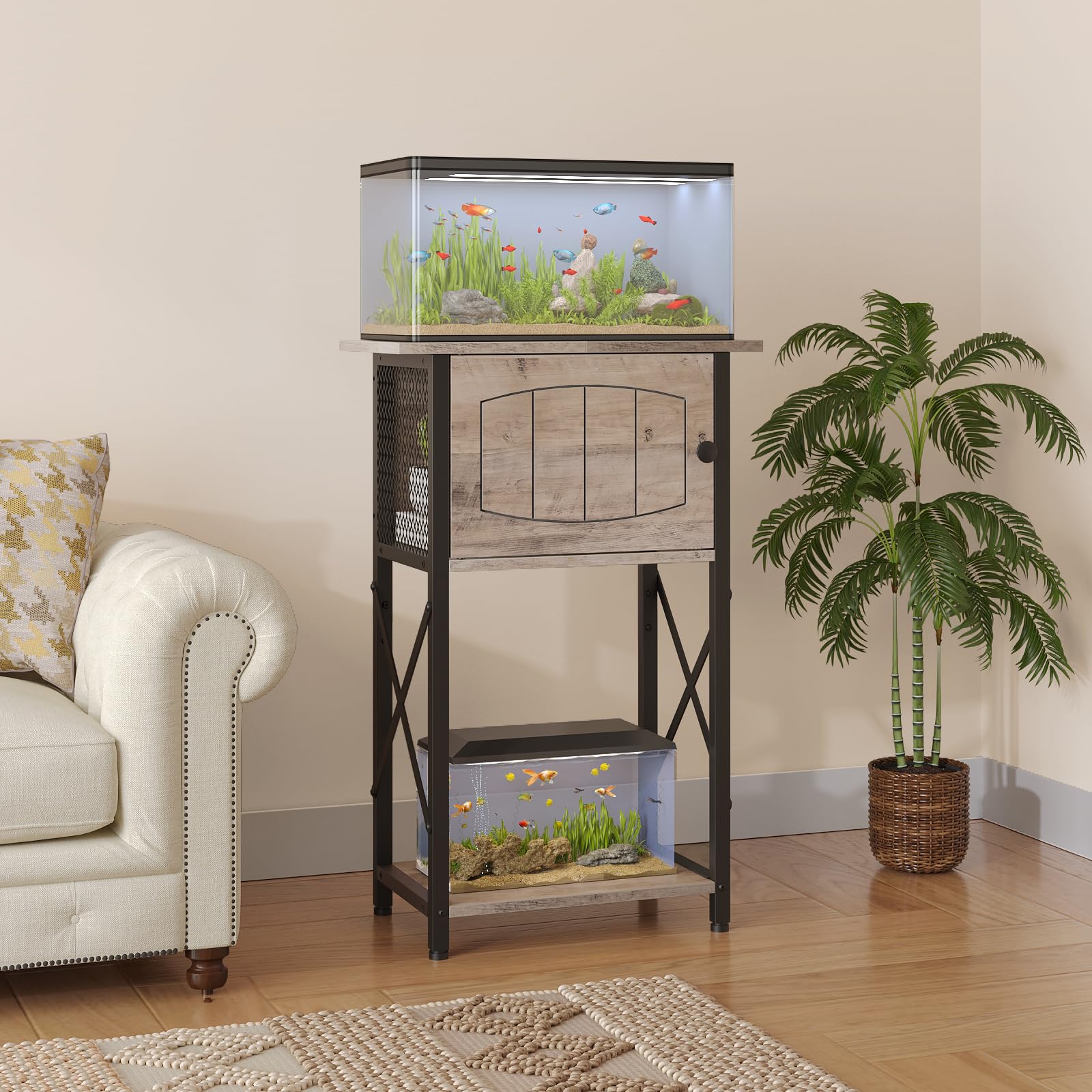 HOOBRO aquarium stand side view emphasizes sleek greige frame and compact footprint.
